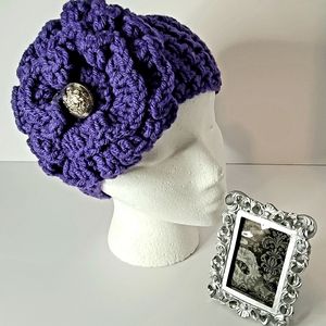 Purple ear warmer/hair band with flower crochet 💜